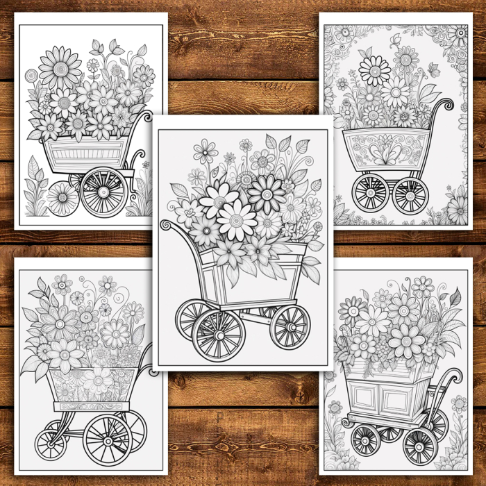 Martisor de colorat, 50 de ilustratii format A5, carte de colorat cu spira metalica, model: Carucioare cu Flori [6]