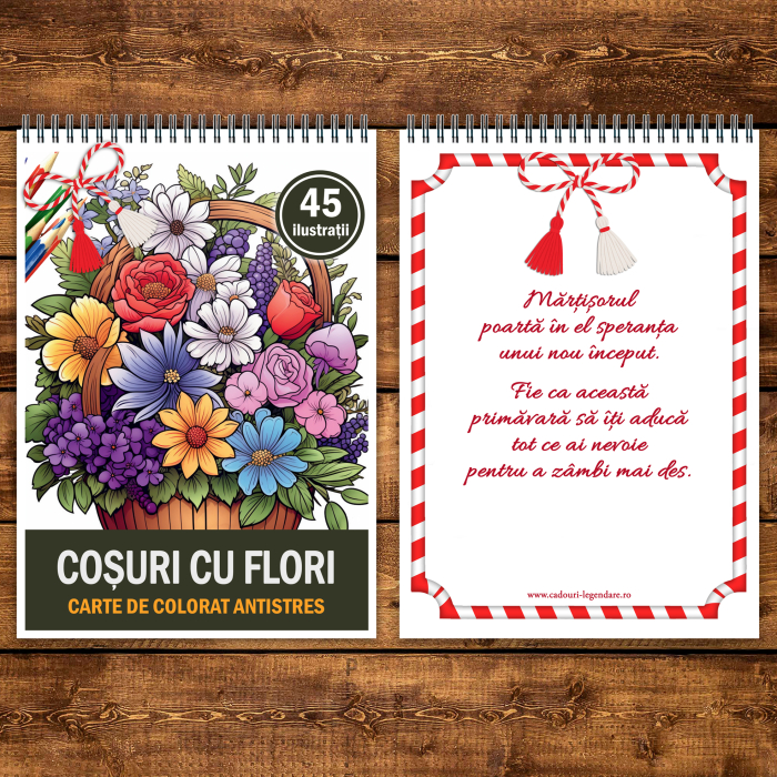 Martisor de colorat, 50 de ilustratii format A5, carte de colorat cu spira metalica, model: Cosuri cu Flori [3]