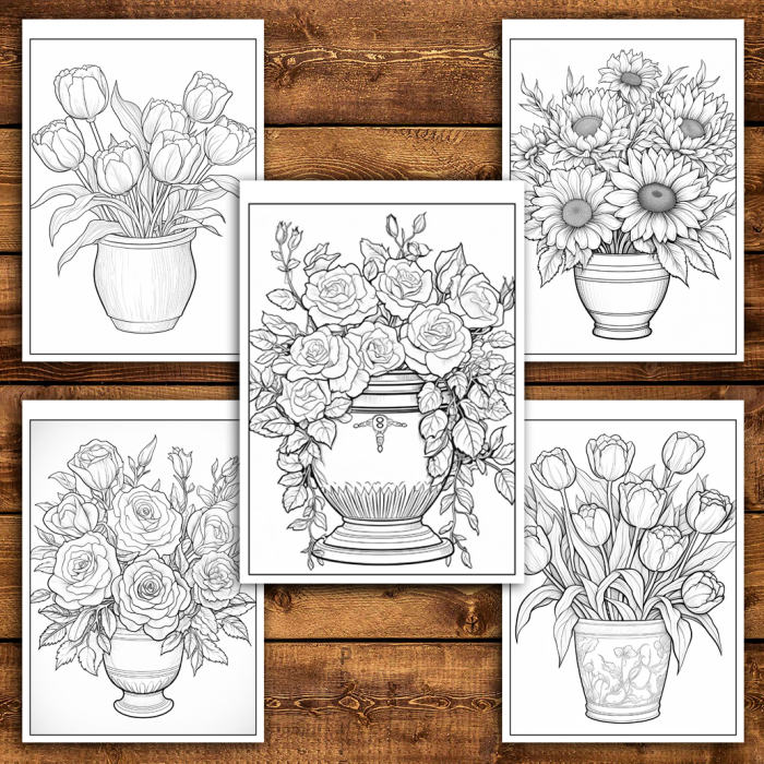 Martisor de colorat, 50 de ilustratii format A5, carte de colorat cu spira metalica, model: Flori in Ghiveci [4]