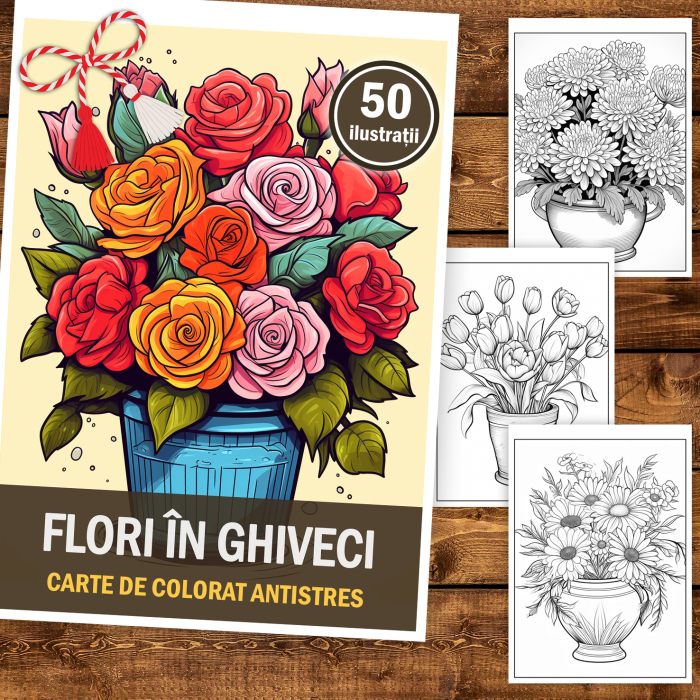 Martisor de colorat, 50 de ilustratii format A5, carte de colorat cu spira metalica, model: Flori in Ghiveci [2]