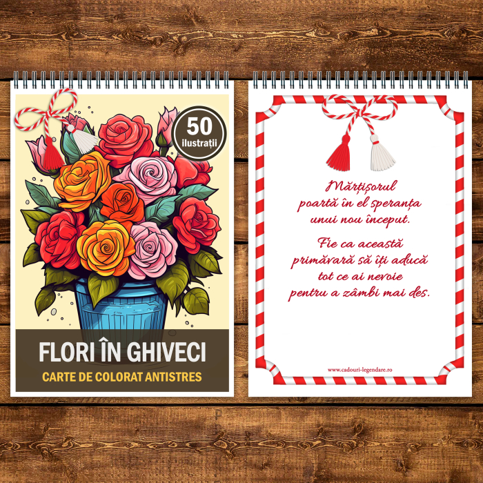 Martisor de colorat, 50 de ilustratii format A5, carte de colorat cu spira metalica, model: Flori in Ghiveci [3]