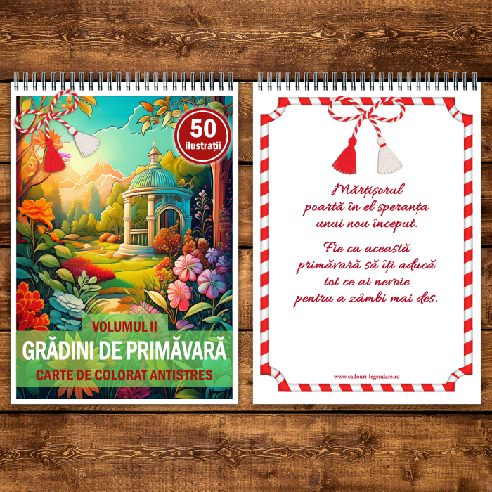 Martisor de colorat, 50 de ilustratii format A5, carte de colorat cu spira metalica, model: Gradini de Primavara [3]