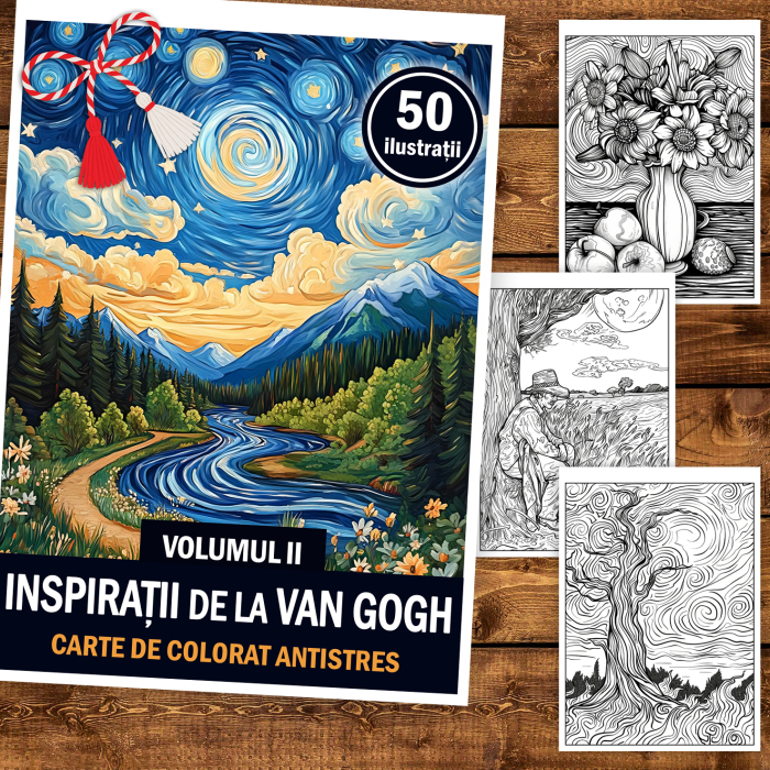 Martisor de colorat, 50 de ilustratii format A5, carte de colorat cu spira metalica, model: Inspiratii de la Van Gogh [2]