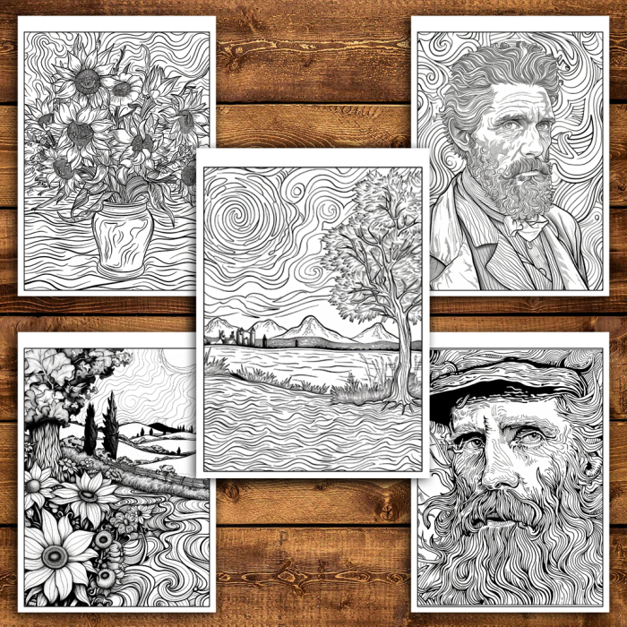 Martisor de colorat, 50 de ilustratii format A5, carte de colorat cu spira metalica, model: Inspiratii de la Van Gogh [5]