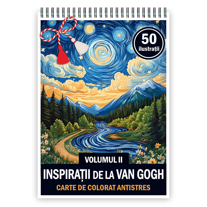 Martisor de colorat, 50 de ilustratii format A5, carte de colorat cu spira metalica, model: Inspiratii de la Van Gogh [1]