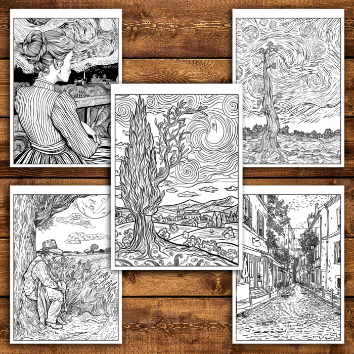 Martisor de colorat, 50 de ilustratii format A5, carte de colorat cu spira metalica, model: Inspiratii de la Van Gogh [4]