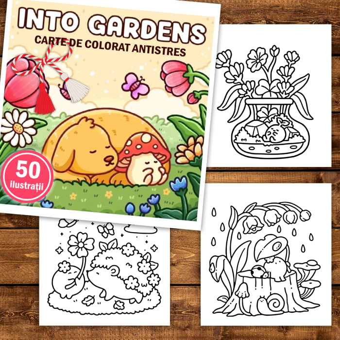Martisor de colorat, 50 de ilustratii format A5, carte de colorat cu spira metalica, model: Into Gardens [2]