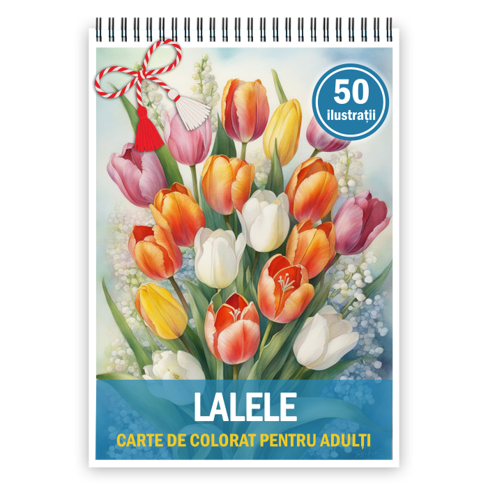 Martisor de colorat, 50 de ilustratii format A5, carte de colorat cu spira metalica, model: Lalele [1]