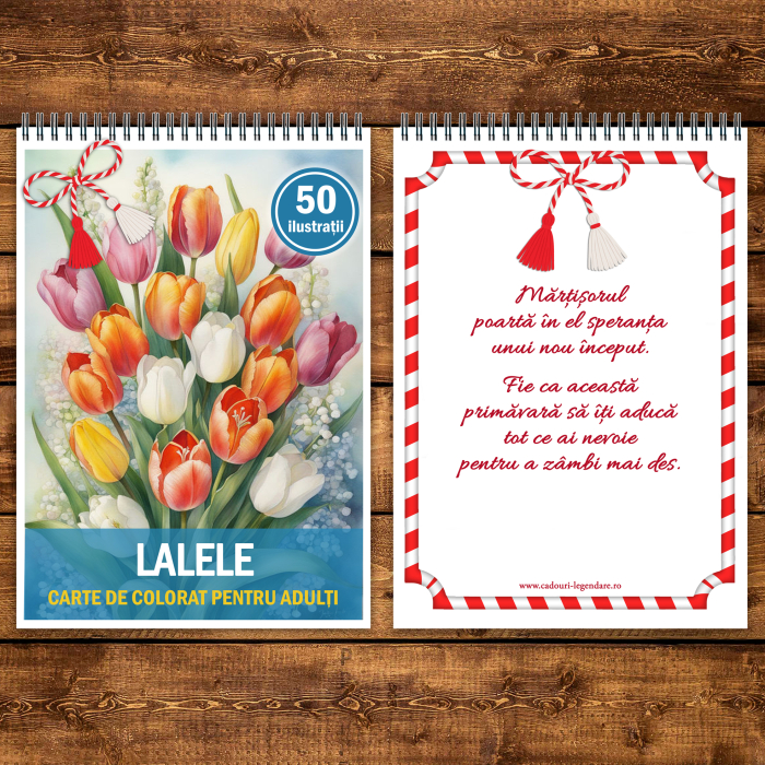 Martisor de colorat, 50 de ilustratii format A5, carte de colorat cu spira metalica, model: Lalele [3]