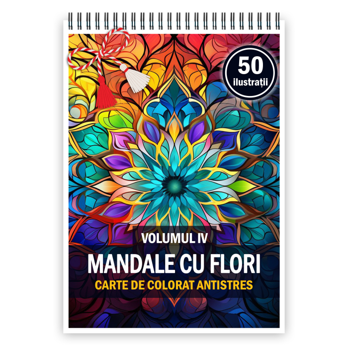 Martisor de colorat, 50 de ilustratii format A5, carte de colorat cu spira metalica, model: Mandale cu Flori [1]