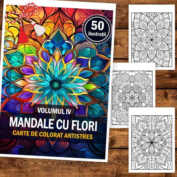 Martisor de colorat, 50 de ilustratii format A5, carte de colorat cu spira metalica, model: Mandale cu Flori [2]