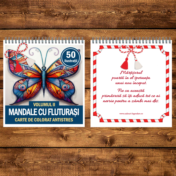 Martisor de colorat, 50 de ilustratii format A5, carte de colorat cu spira metalica, model: Mandale cu Fluturasi [3]