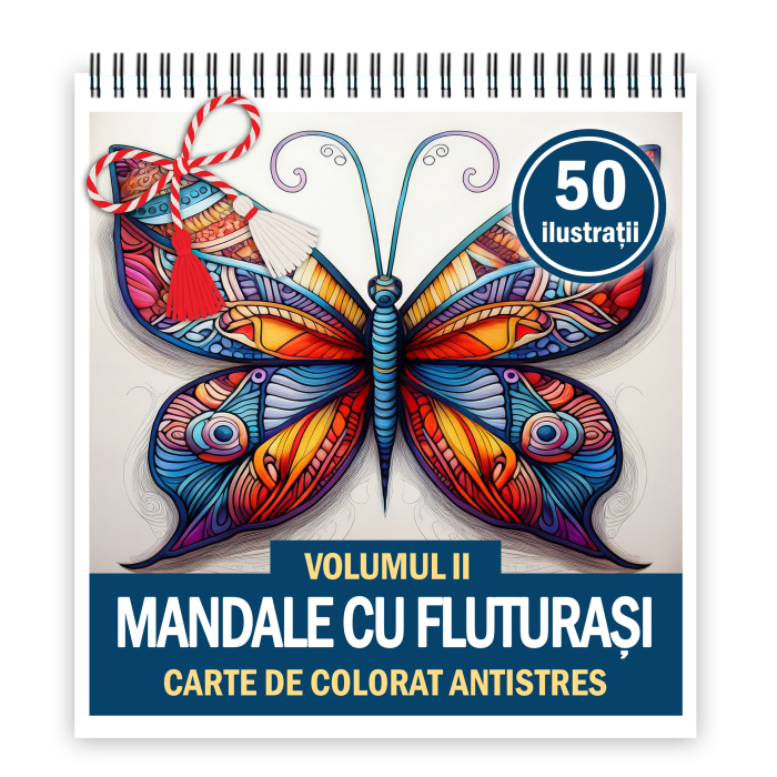 Martisor de colorat, 50 de ilustratii format A5, carte de colorat cu spira metalica, model: Mandale cu Fluturasi [1]