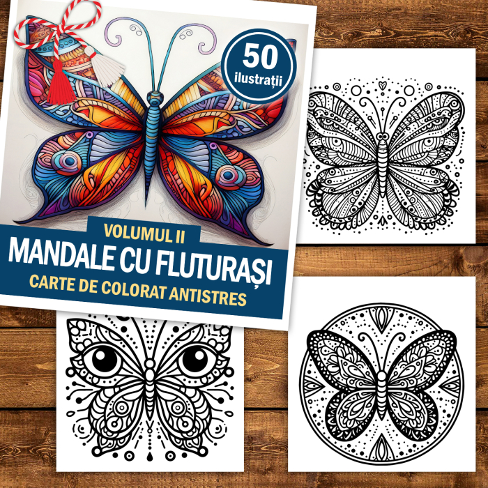 Martisor de colorat, 50 de ilustratii format A5, carte de colorat cu spira metalica, model: Mandale cu Fluturasi [2]