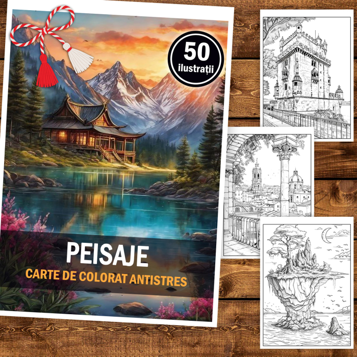 Martisor de colorat, 50 de ilustratii format A5, carte de colorat cu spira metalica, model: Peisaje [2]