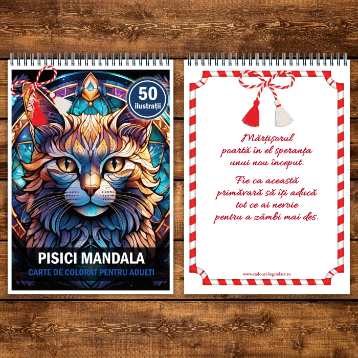 Martisor de colorat, 50 de ilustratii format A5, carte de colorat cu spira metalica, model: Pisici Mandala [3]