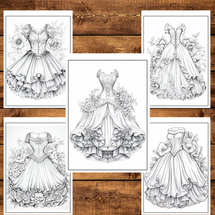 Martisor de colorat, 50 de ilustratii format A5, carte de colorat cu spira metalica, model: Rochii Florale [6]