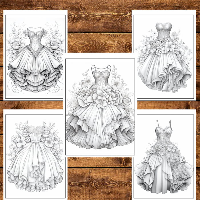 Martisor de colorat, 50 de ilustratii format A5, carte de colorat cu spira metalica, model: Rochii Florale [5]