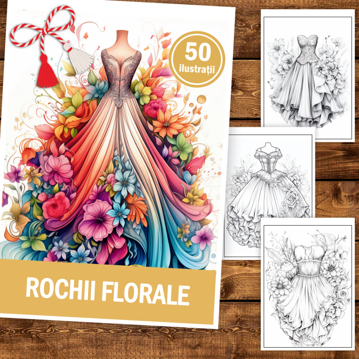 Martisor de colorat, 50 de ilustratii format A5, carte de colorat cu spira metalica, model: Rochii Florale [2]