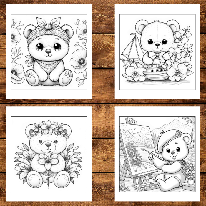 Martisor de colorat, 50 de ilustratii format A5, carte de colorat cu spira metalica, model: Ursuleti cu Flori [5]