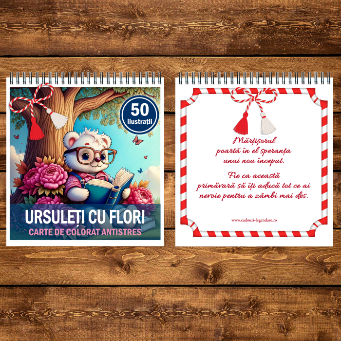 Martisor de colorat, 50 de ilustratii format A5, carte de colorat cu spira metalica, model: Ursuleti cu Flori [3]