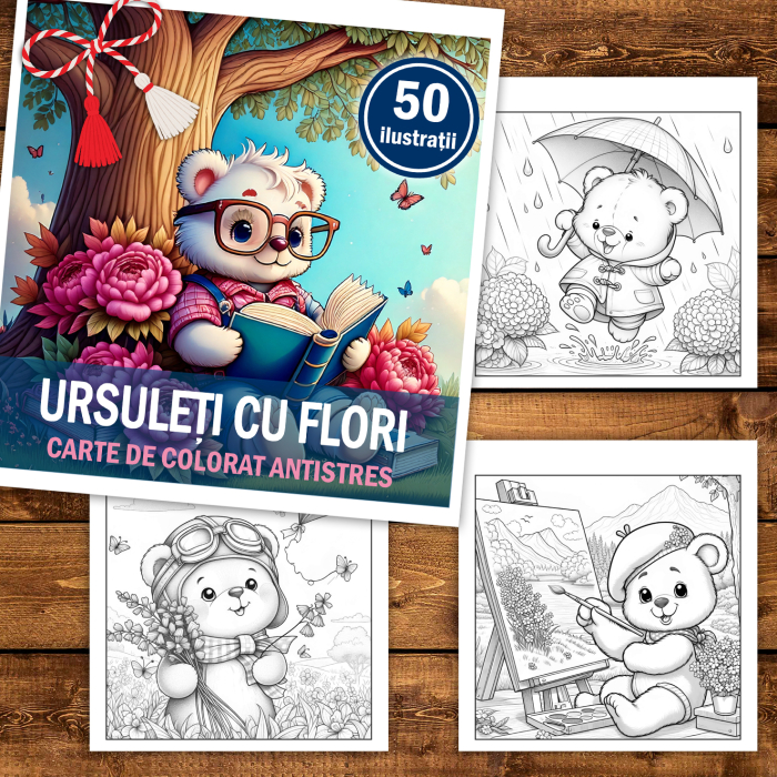 Martisor de colorat, 50 de ilustratii format A5, carte de colorat cu spira metalica, model: Ursuleti cu Flori [2]