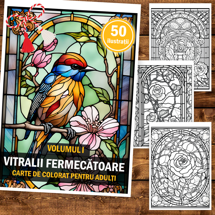 Martisor de colorat, 50 de ilustratii format A5, carte de colorat cu spira metalica, model: Vitralii Fermecatoare [2]