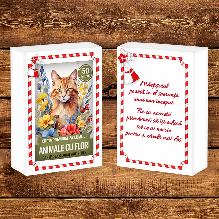 Martisor de colorat, 50 de ilustratii format A6 in cutie cu tematica de primavara, model: Animale cu Flori [2]