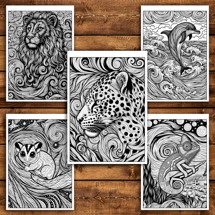 Martisor de colorat, 50 de ilustratii format A6 in cutie cu tematica de primavara, model: Animale in stil Van Gogh [4]