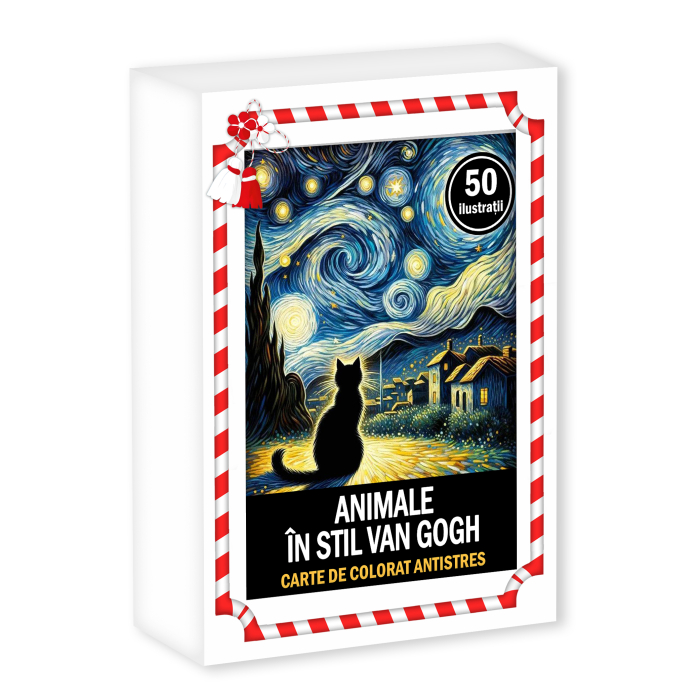 Martisor de colorat, 50 de ilustratii format A6 in cutie cu tematica de primavara, model: Animale in stil Van Gogh [1]