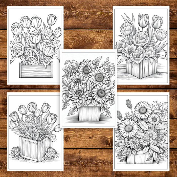 Martisor de colorat, 50 de ilustratii format A6 in cutie cu tematica de primavara, model: Aranjamente Florale [5]