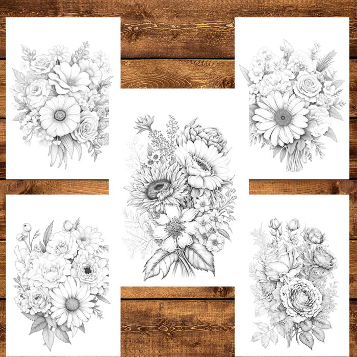 Martisor de colorat, 50 de ilustratii format A6 in cutie cu tematica de primavara, model: Buchete de Flori [5]