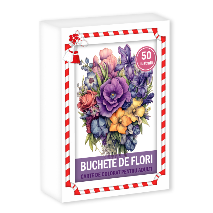 Martisor de colorat, 50 de ilustratii format A6 in cutie cu tematica de primavara, model: Buchete de Flori [1]