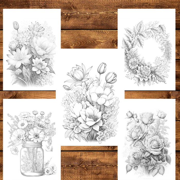 Martisor de colorat, 50 de ilustratii format A6 in cutie cu tematica de primavara, model: Buchete de Flori [3]