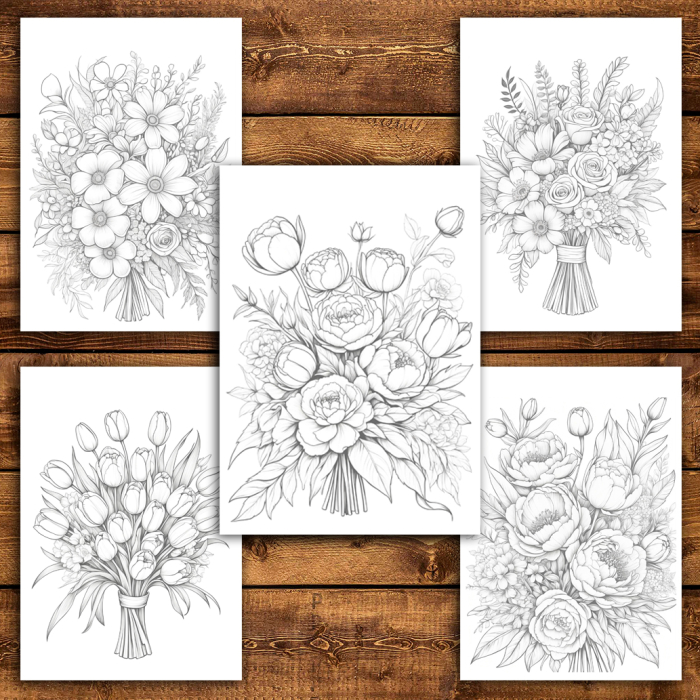 Martisor de colorat, 50 de ilustratii format A6 in cutie cu tematica de primavara, model: Buchete de Mireasa [3]