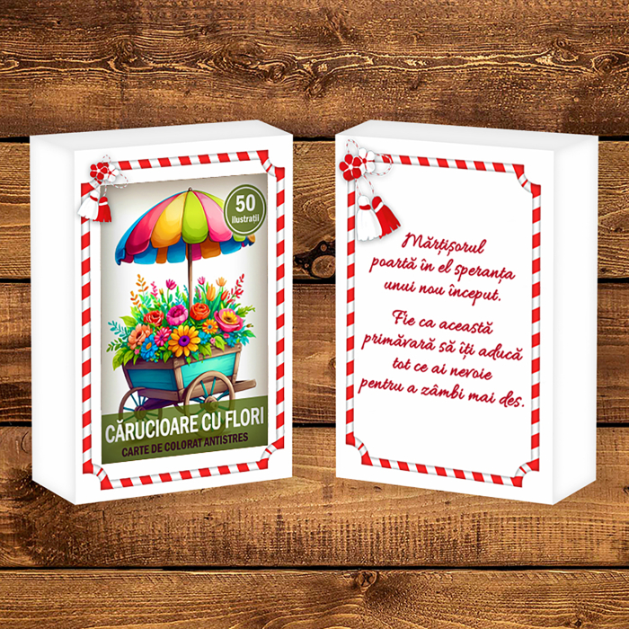 Martisor de colorat, 50 de ilustratii format A6 in cutie cu tematica de primavara, model: Carucioare cu Flori [2]