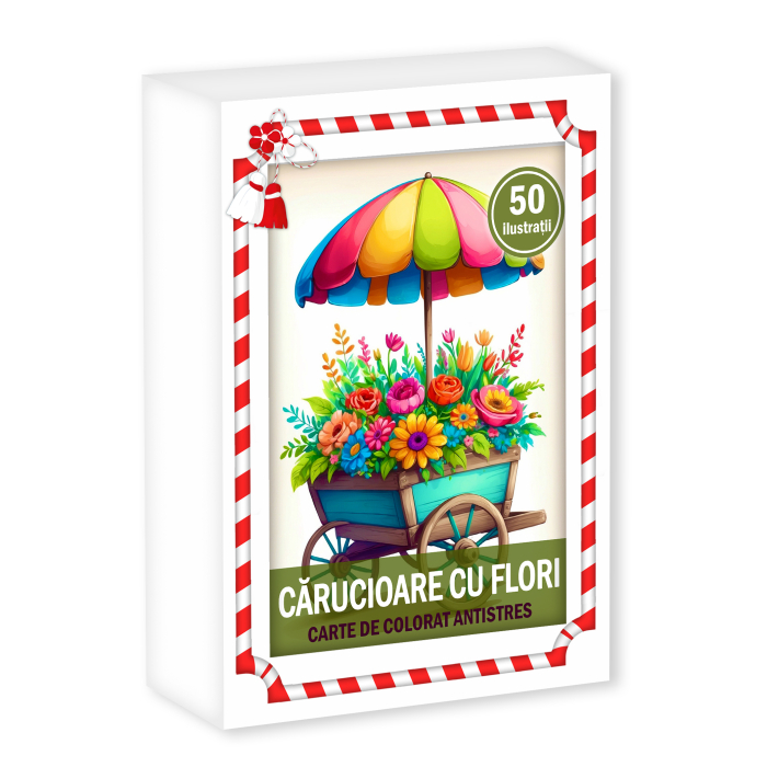 Martisor de colorat, 50 de ilustratii format A6 in cutie cu tematica de primavara, model: Carucioare cu Flori [1]