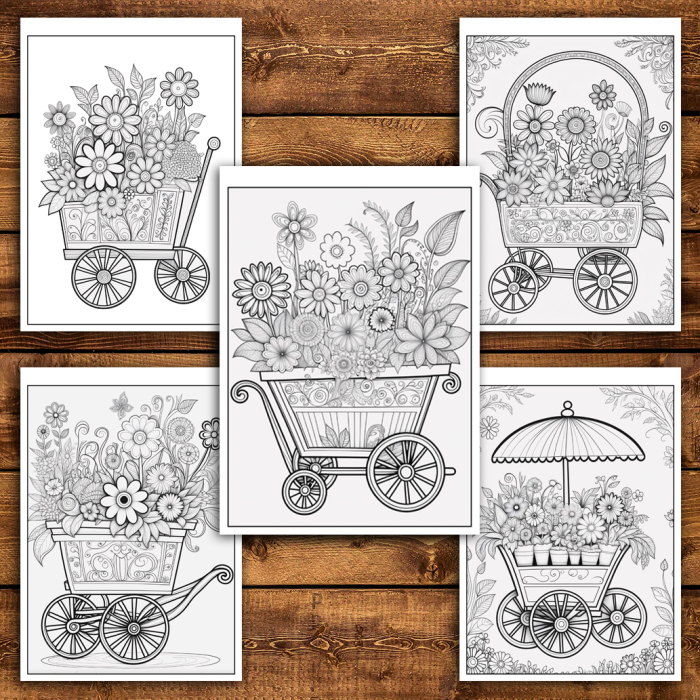 Martisor de colorat, 50 de ilustratii format A6 in cutie cu tematica de primavara, model: Carucioare cu Flori [4]