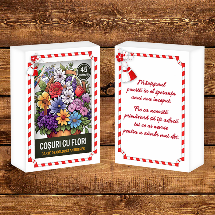 Martisor de colorat, 50 de ilustratii format A6 in cutie cu tematica de primavara, model: Cosuri cu Flori [2]