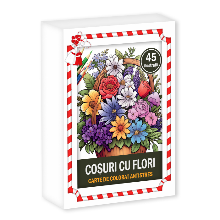 Martisor de colorat, 50 de ilustratii format A6 in cutie cu tematica de primavara, model: Cosuri cu Flori [1]