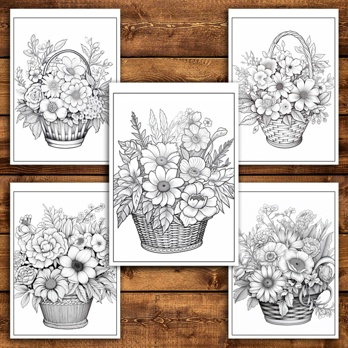 Martisor de colorat, 50 de ilustratii format A6 in cutie cu tematica de primavara, model: Cosuri cu Flori [4]