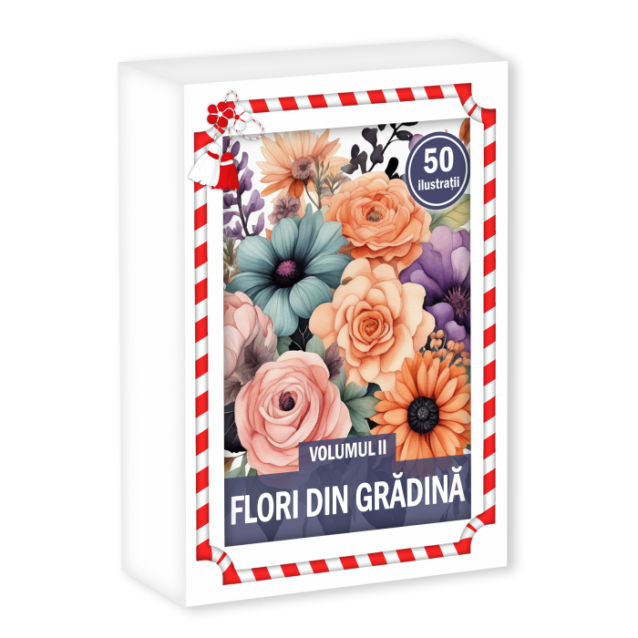 Martisor de colorat, 50 de ilustratii format A6 in cutie cu tematica de primavara, model: Flori din Gradina [1]