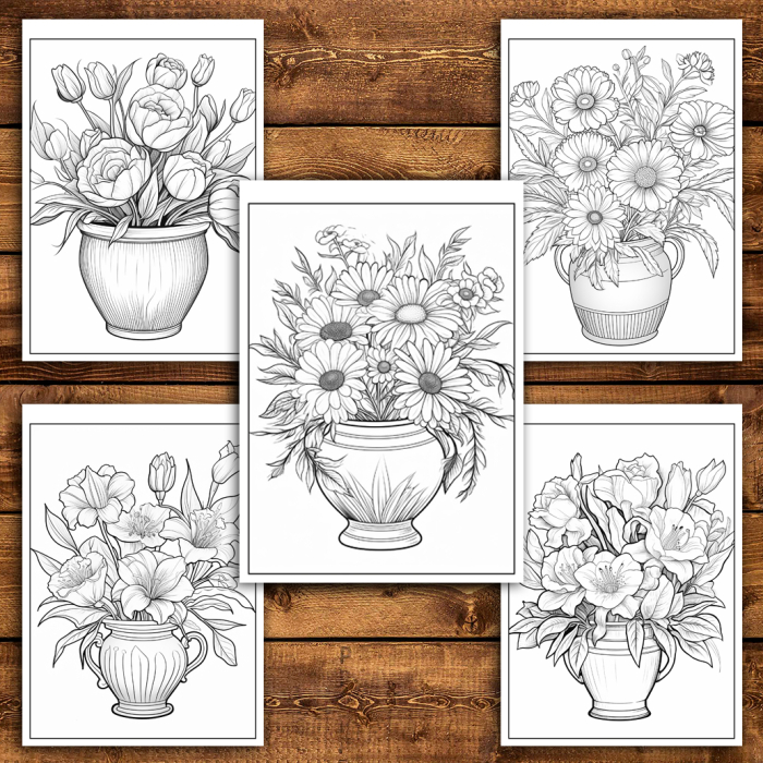 Martisor de colorat, 50 de ilustratii format A6 in cutie cu tematica de primavara, model: Flori in Ghiveci [5]