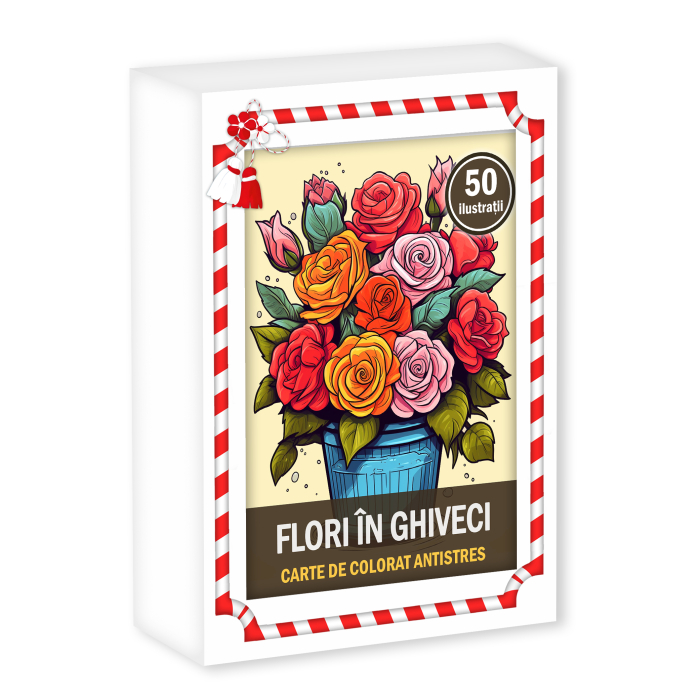 Martisor de colorat, 50 de ilustratii format A6 in cutie cu tematica de primavara, model: Flori in Ghiveci [1]