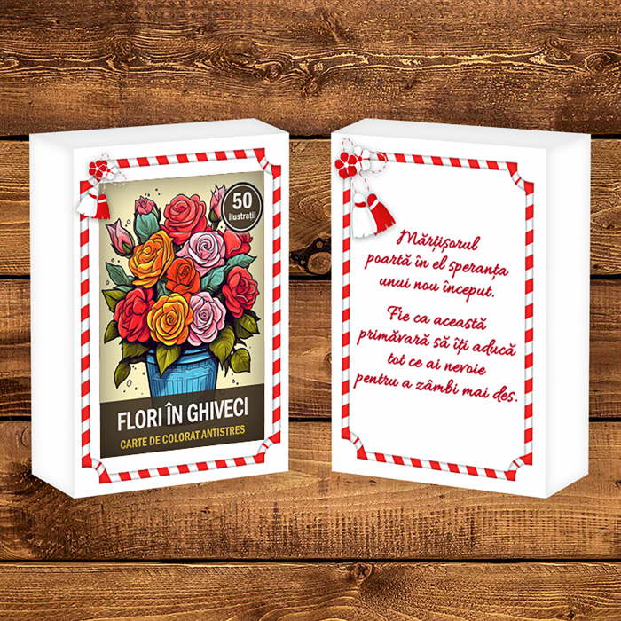Martisor de colorat, 50 de ilustratii format A6 in cutie cu tematica de primavara, model: Flori in Ghiveci [2]