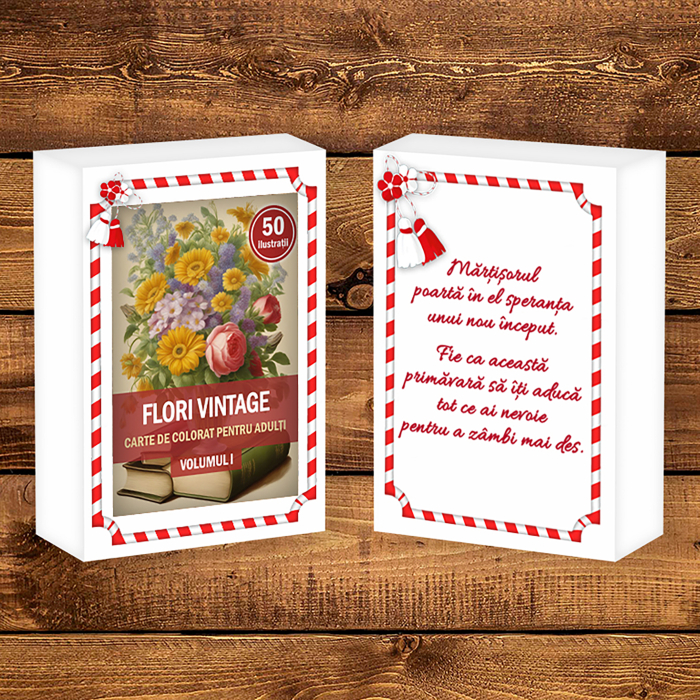 Martisor de colorat, 50 de ilustratii format A6 in cutie cu tematica de primavara, model: Flori Vintage [2]
