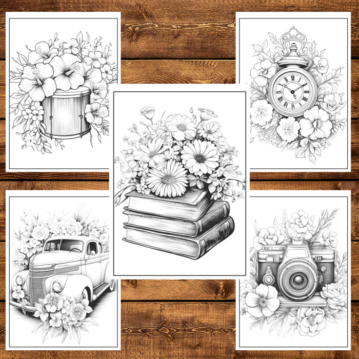 Martisor de colorat, 50 de ilustratii format A6 in cutie cu tematica de primavara, model: Flori Vintage [5]