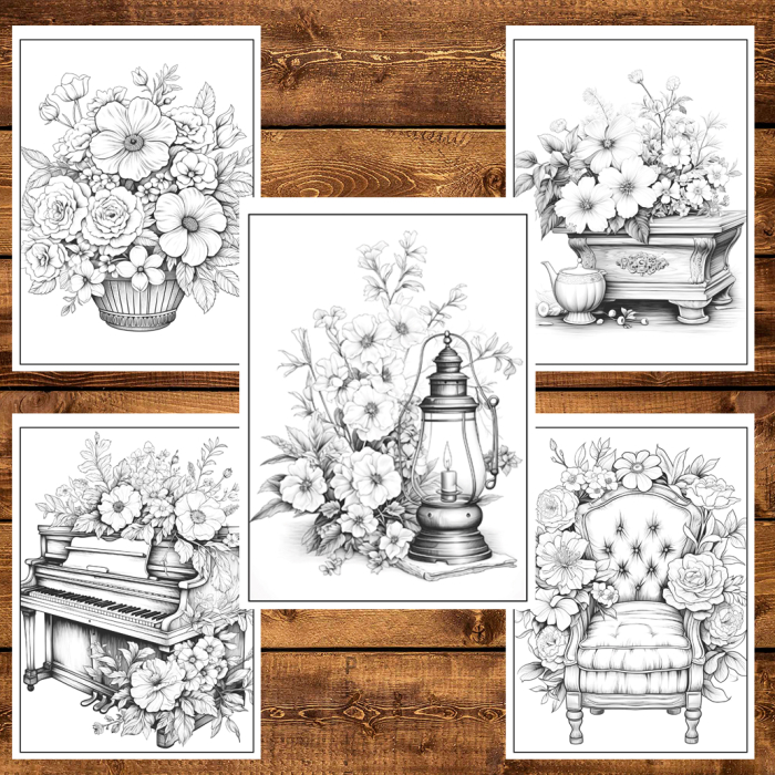 Martisor de colorat, 50 de ilustratii format A6 in cutie cu tematica de primavara, model: Flori Vintage [3]