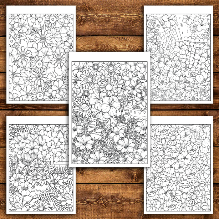 Martisor de colorat, 50 de ilustratii format A6 in cutie cu tematica de primavara, model: Gradini cu Flori [4]