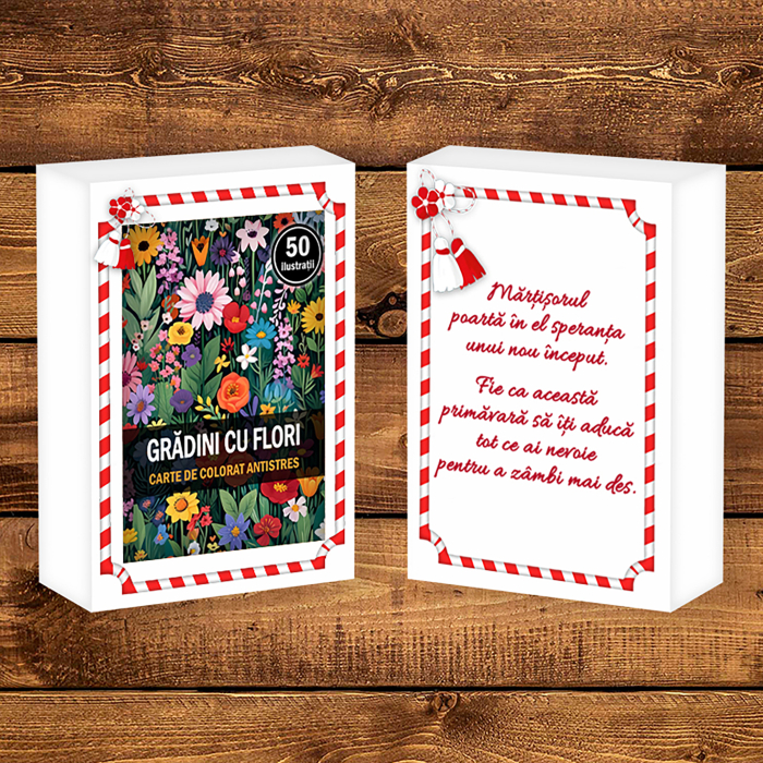 Martisor de colorat, 50 de ilustratii format A6 in cutie cu tematica de primavara, model: Gradini cu Flori [2]